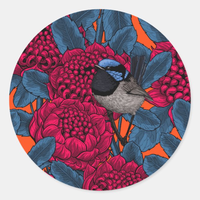 Red waratah and fairy wrens classic round sticker (Front)
