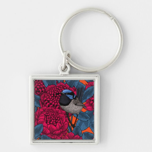 Red waratah and fairy wrens key ring (Front)