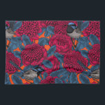 Red waratah and fairy wrens tea towel<br><div class="desc">First I'd drawn all the elements on paper with ink,  then redrew and coloured them in Illustrator to make the pattern.</div>