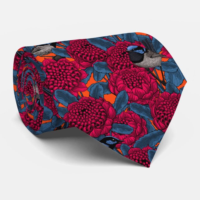 Red waratah and fairy wrens tie (Rolled)