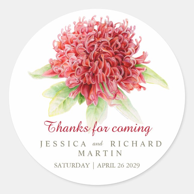 Red waratah flower art thank you wedding sticker (Front)
