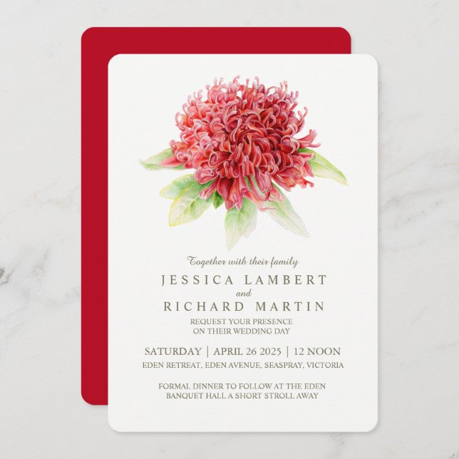 Red waratah flower watercolor wedding invitations (Front/Back)