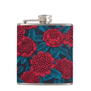 Red waratah flowers hip flask