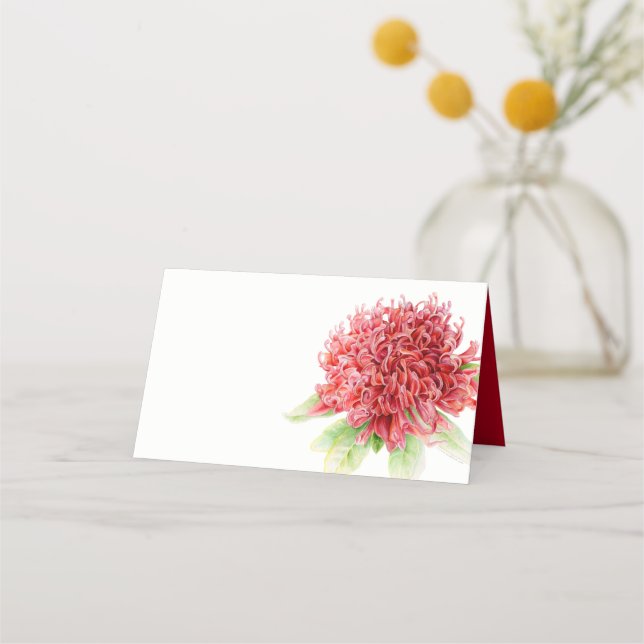Red waratah watercolor art guest place cards (Front)