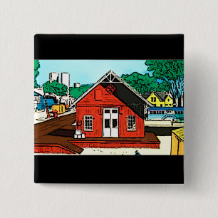 Red warehouse shed on the railroad 15 cm square badge