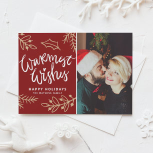 Red Warmest Wishes Modern Calligraphy Photo Holiday Card