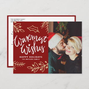 Red Warmest Wishes Modern Calligraphy Photo Holiday Postcard