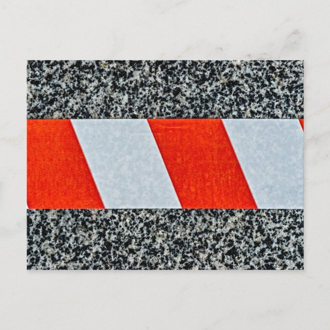 Red warning tape across granite stone postcard (Front)