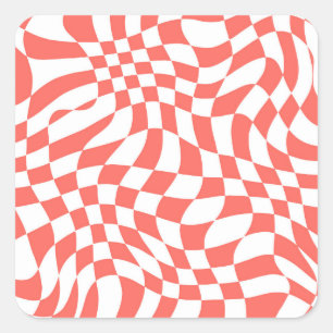 Red Warped Wavy Chequered Art Pattern Square Sticker