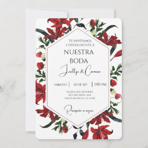 Red water colour flower Spanish Wedding Invitation