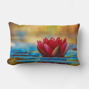 Red Water Lily Reflections on Gold Lumbar Cushion