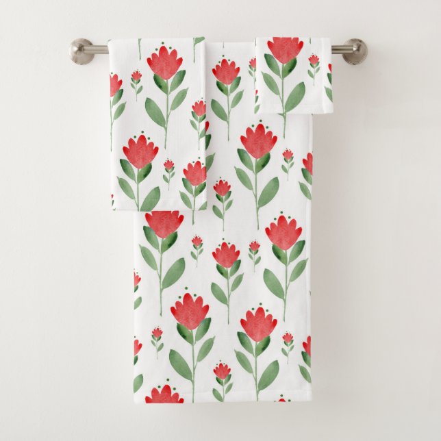 Red Watercolor Abstract Flower Pattern Bath Towel Set (Insitu)