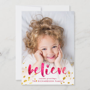 Red Watercolor and Gold Believe   Photo Holiday Card