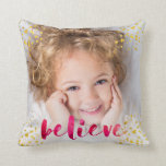 Red Watercolor and Gold Believe | Two Photo Cushion<br><div class="desc">This stylish Christmas pillow says "believe" in trendy red watercolor look script,  with faux gold splashes and two of your own personal photos.</div>