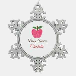 Red Watercolor apple baby shower add name title Snowflake Pewter Christmas Ornament