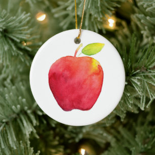 Red Watercolor Apple  Ceramic Ornament