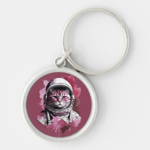 Red Watercolor Astronaut Cat Key Ring