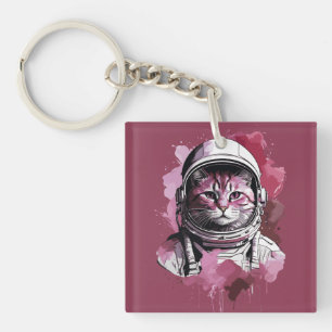 Red Watercolor Astronaut Cat Key Ring
