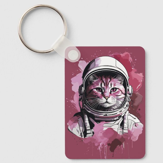 Red Watercolor Astronaut Cat Key Ring (Front)