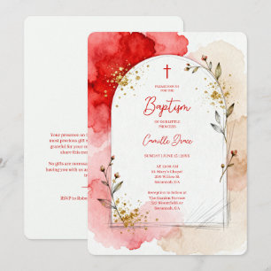 Red Watercolor Baptism Arch Gold Glitter LPM26 Invitation