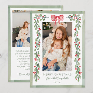 Red Watercolor Berries & Bow Merry Christmas Holiday Card