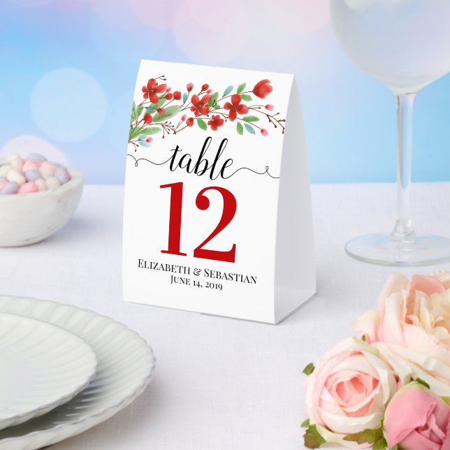 Red Watercolor Blossoms Boho Wedding Table Number (Insitu(Wedding))