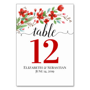 Red Watercolor Blossoms Elegant Boho Wedding Table Number