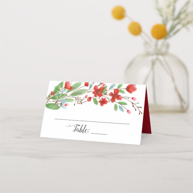 Red Watercolor Blossoms Elegant Wedding Place Card (Front)