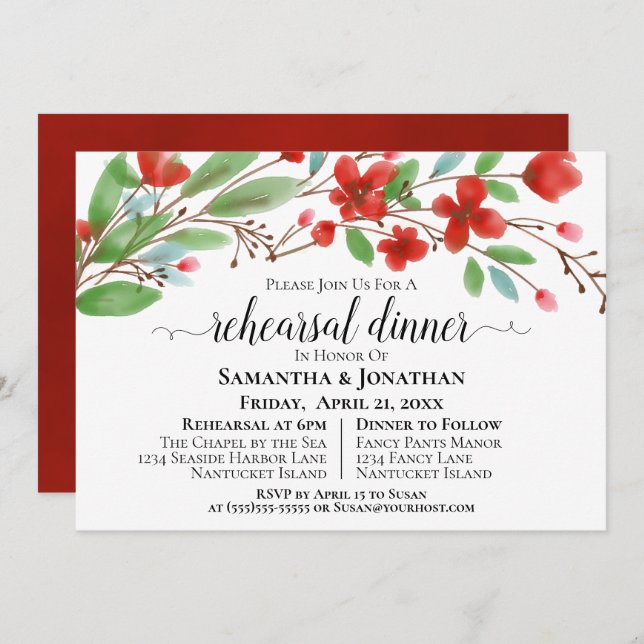 Red Watercolor Blossoms Wedding Rehearsal Dinner Invitation (Front/Back)