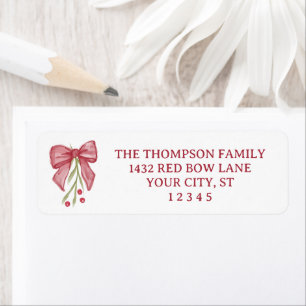 Red Watercolor Bow Berry Twig Christmas Return Address Label