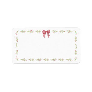 Red Watercolor Bow Berry Twigs Frame Christmas Label