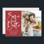 Red Watercolor Brush Calligraphy Photo Save The Date<br><div class="desc">Red Watercolor Brush Calligraphy Photo Save Our Date Card | Announce to family and friends your wedding date with this customisable save the date flat card. It features hand-lettered modern calligraphy on a red background. This stylish photo save the date card is perfect for any wedding season and theme. Other...</div>