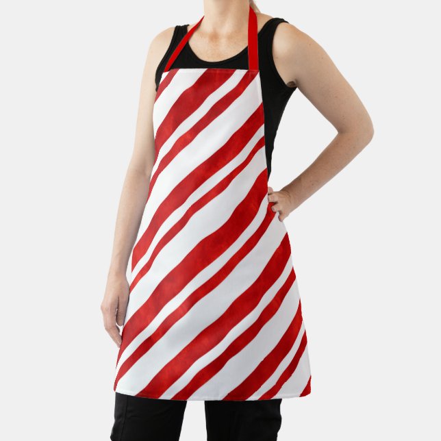 Red Watercolor Candy Cane Stripes Apron (Insitu)