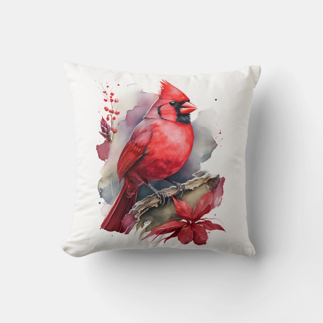 Red Watercolor Cardinal Cushion (Front)