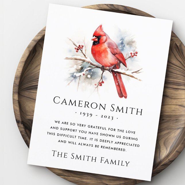 Red watercolor cardinal funeral sympathy thank you card (Red watercolor cardinal funeral sympathy thank you card)