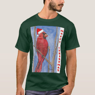 Red Watercolor Cardinal Merry Christmas Design T-Shirt