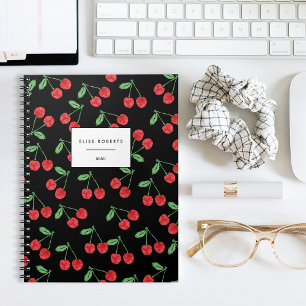 Red Watercolor Cherry Pattern on Black Notebook