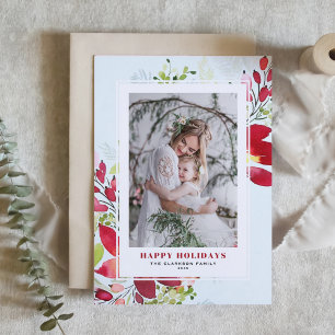 Red Watercolor Christmas Flowers Photo Holiday Card