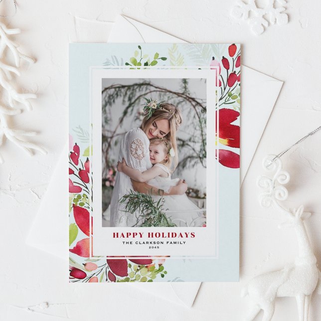 Red Watercolor Christmas Flowers Photo Holiday Card (Customizable photo holiday card featuring watercolor red red poinsettia and greenery)