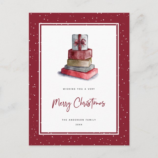 Red Watercolor Christmas Gifts Snow Holiday Postcard (Front)