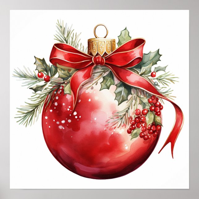 Red Watercolor Christmas Ornament Poster (Front)