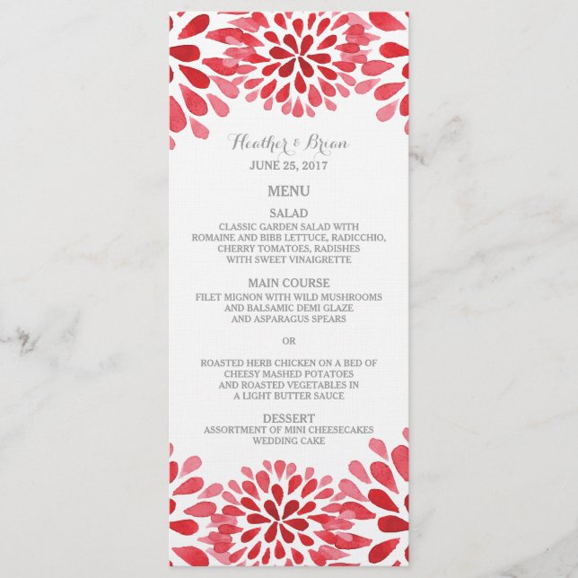 Red Watercolor Chrysanthemum Wedding Menu (Front)