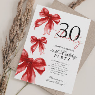 Red Watercolor Coquette Bow 30th Birthday Party Invitation