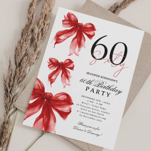 Red Watercolor Coquette Bow 60th Birthday Party Invitation