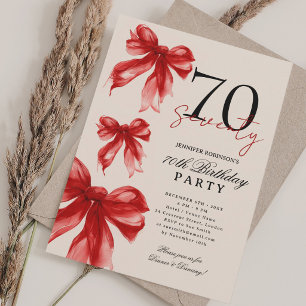 Red Watercolor Coquette Bow 70th Birthday Beige Invitation