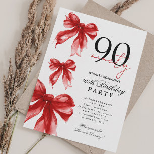 Red Watercolor Coquette Bow 90th Birthday Party Invitation