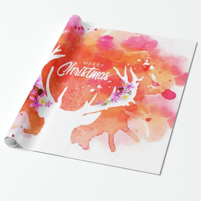 Red Watercolor Deer Merry Christmas Wrapping Paper (Unrolled)