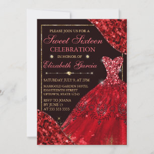 Red Watercolor Dress & Glam Edges Sweet Sixteen Invitation