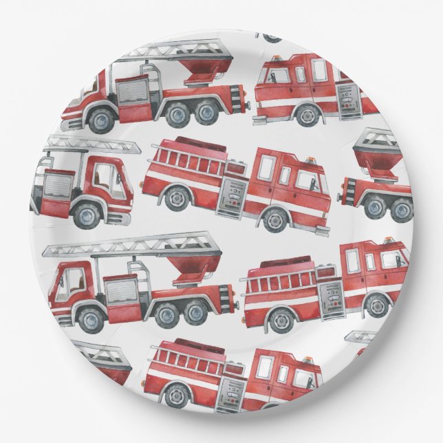 Red Watercolor Firetruck Paper Plate (Front)