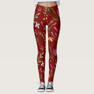 Red Watercolor Floral Black Pink Blue Yellow Leggings
